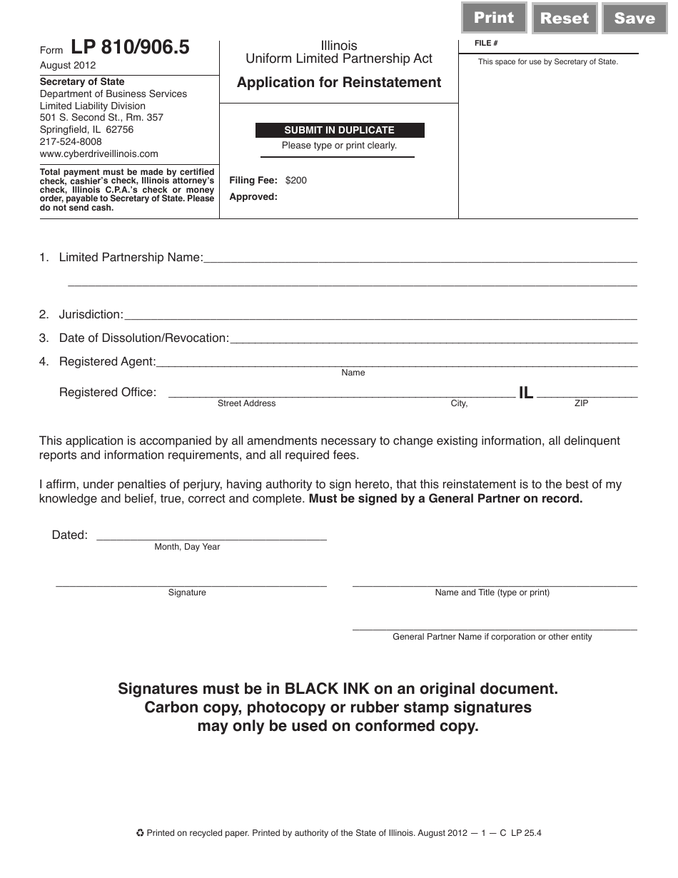 Form LP810/906.5 Application for Reinstatement - Illinois, Page 1