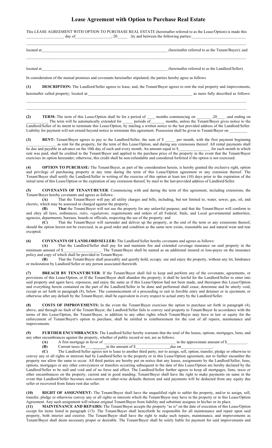 Lease Agreement With Option to Purchase Real Estate, Page 1