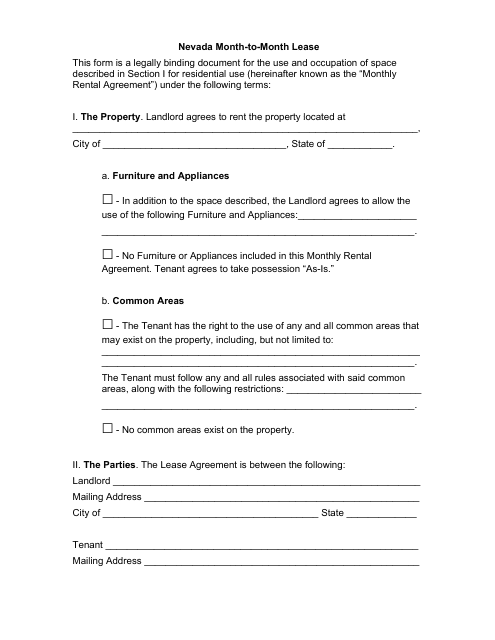 Month-To-Month Lease Agreement Template - Nevada Download Pdf
