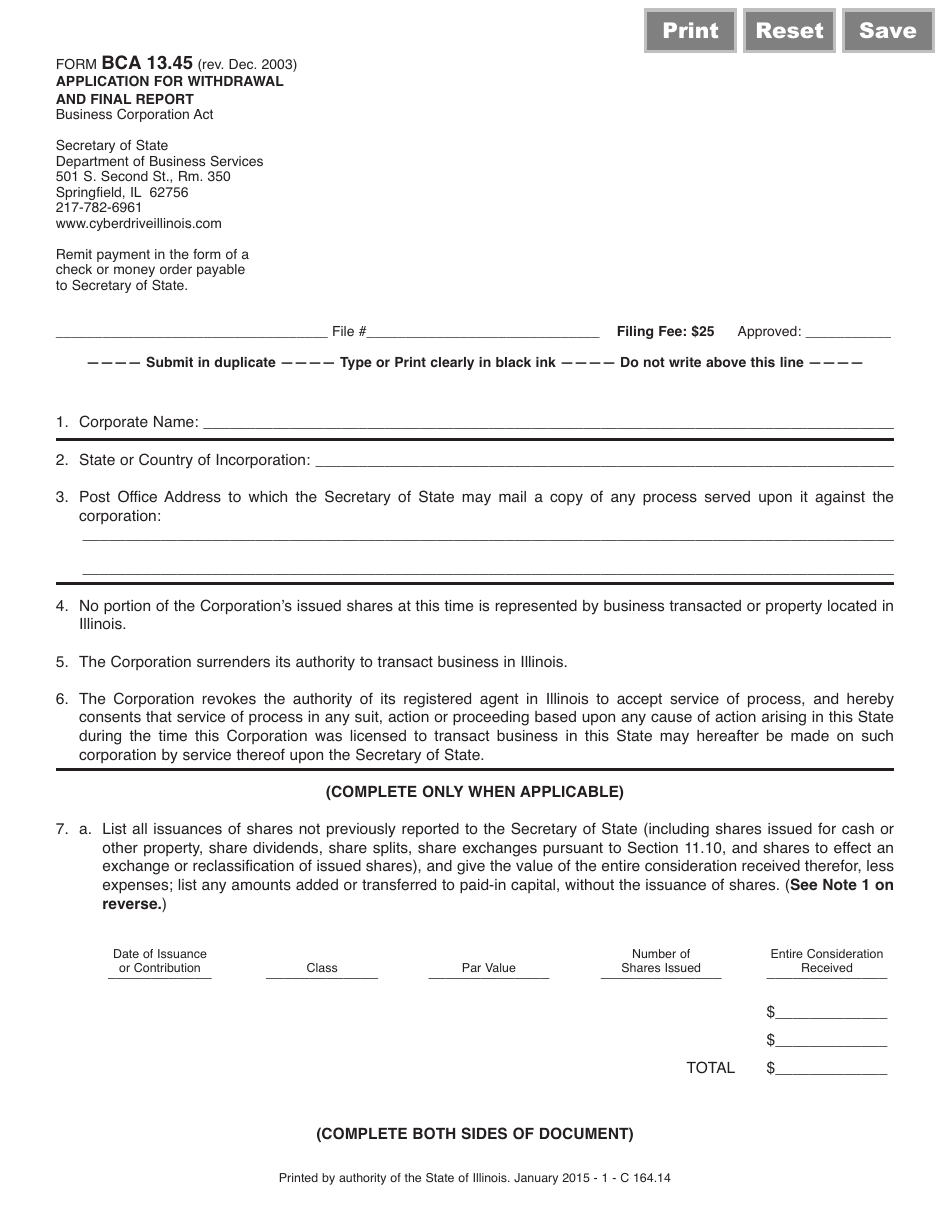 Form BCA13.45 Application for Withdrawal and Final Report - Illinois, Page 1