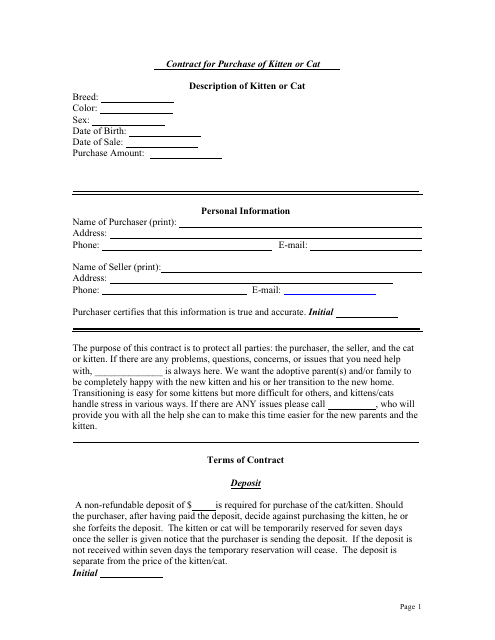 Kitten or Cat Purchase Contract Template