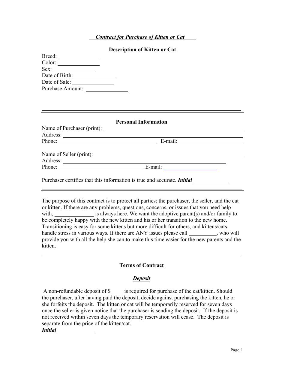 Kitten or Cat Purchase Contract Template, Page 1
