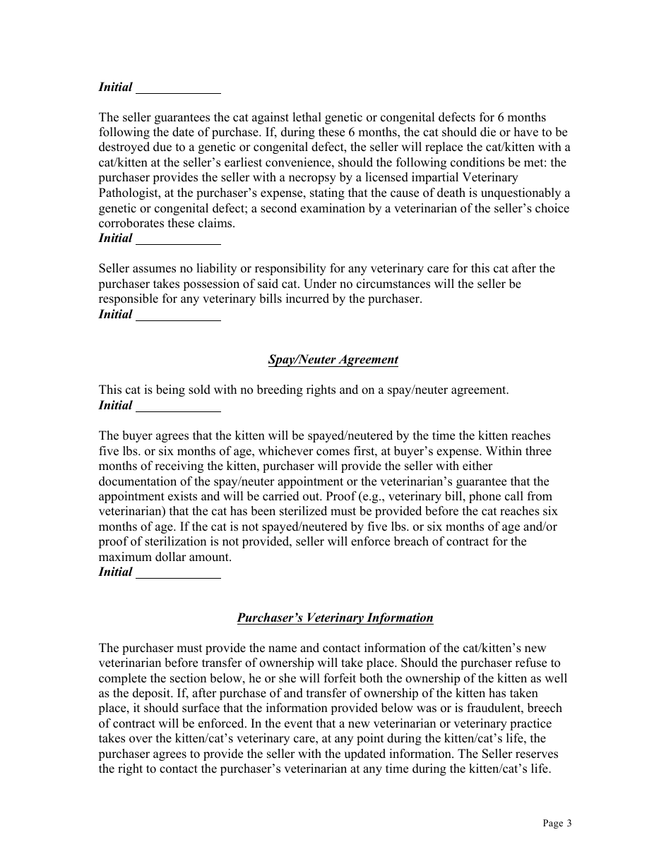 Kitten or Cat Purchase Contract Template, Page 3