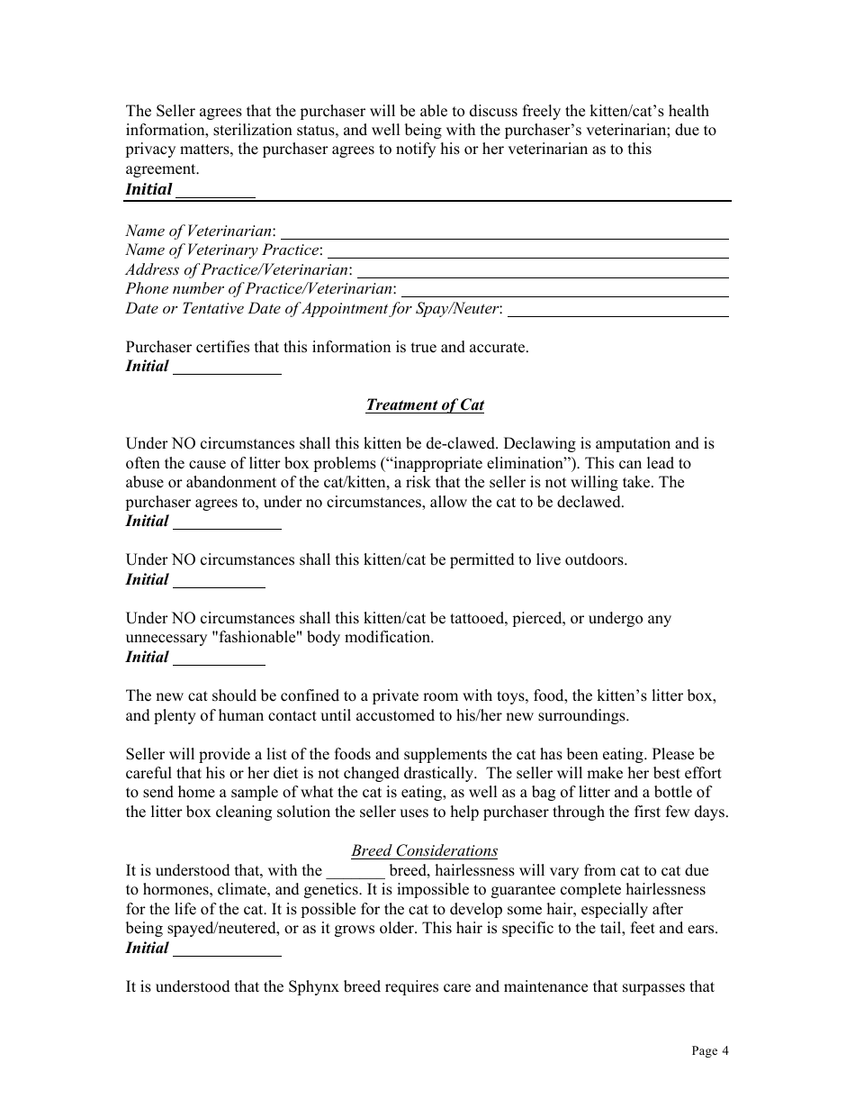 Kitten or Cat Purchase Contract Template, Page 4