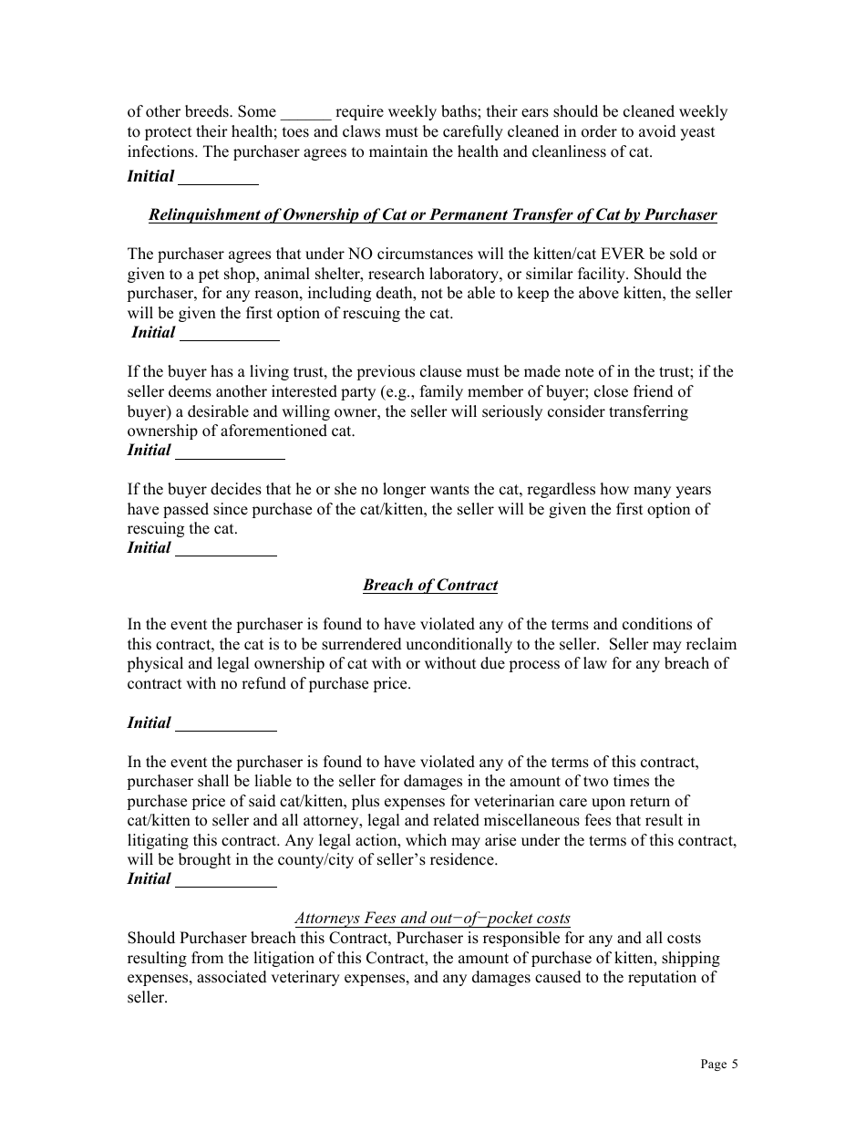 Kitten or Cat Purchase Contract Template, Page 5