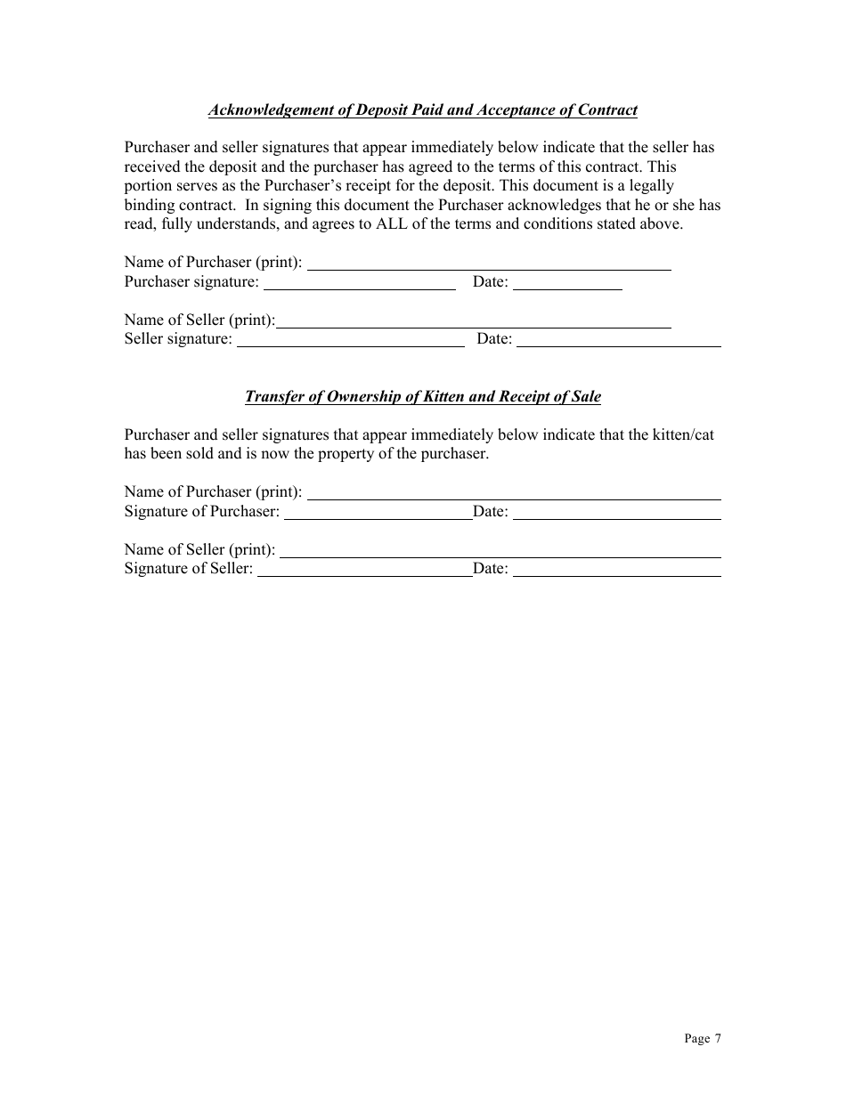 Kitten or Cat Purchase Contract Template, Page 7
