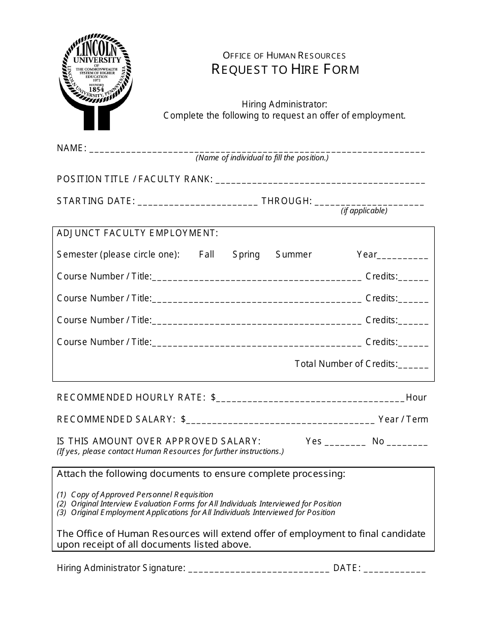 Request to Hire Form - Lincoln University, Page 1