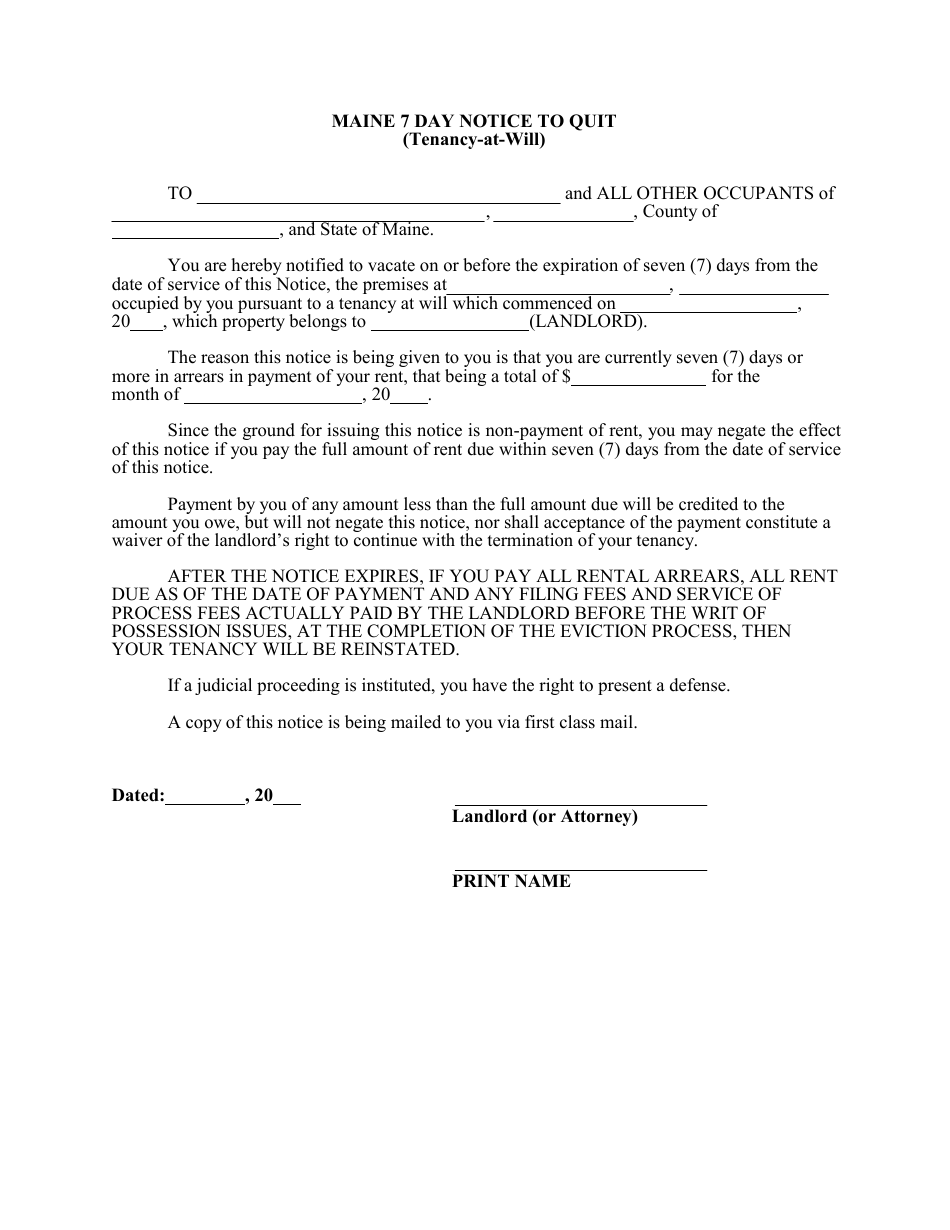 Maine 7-day Notice To Quit (tenancy-at-will) Form - Fill Out, Sign 