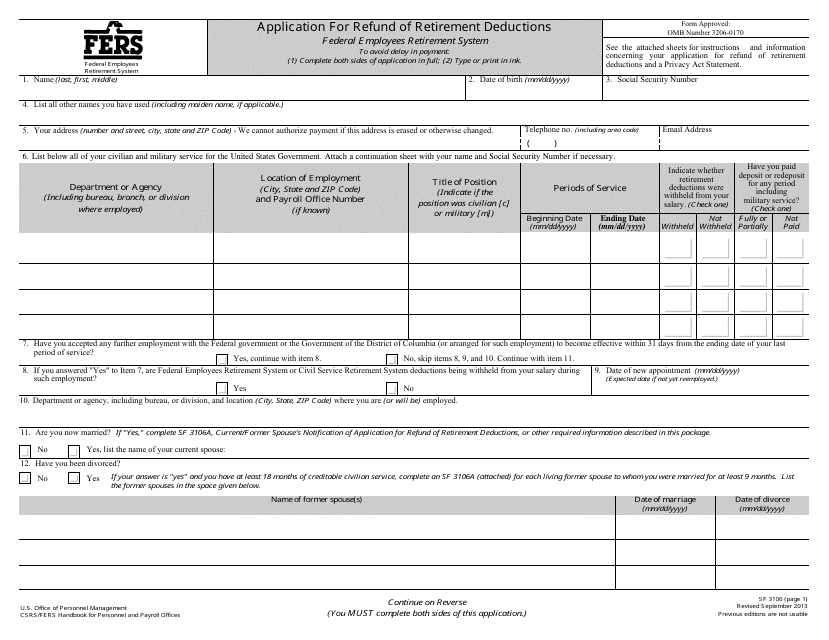 OPM Form SF3106 Application for Refund of Retirement Deductions