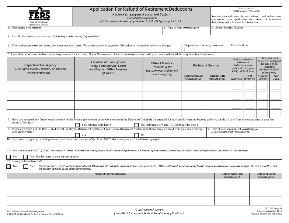 OPM Form SF3106 Application for Refund of Retirement Deductions, Page 1
