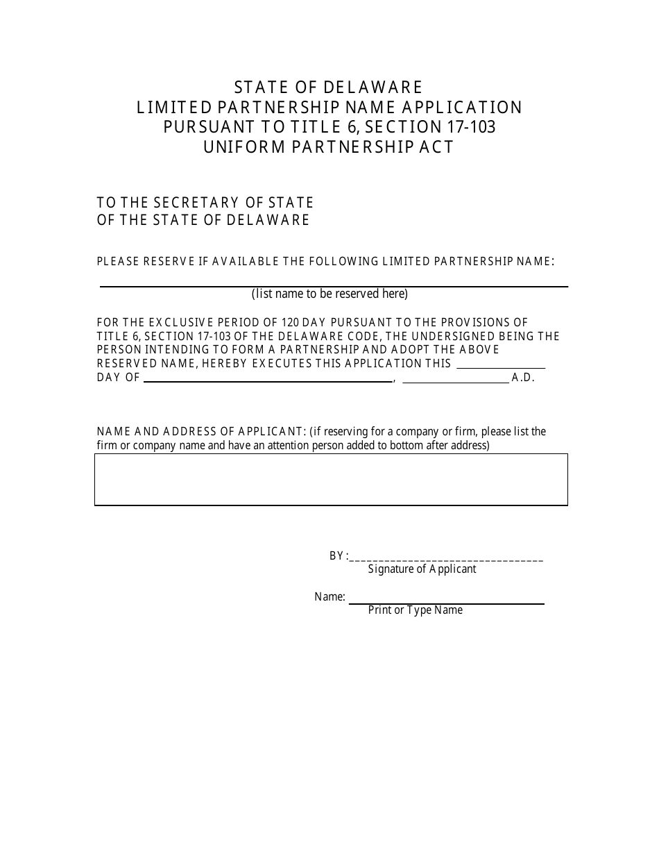 Reservation of Limited Partnership Name Application Form - Delaware, Page 2
