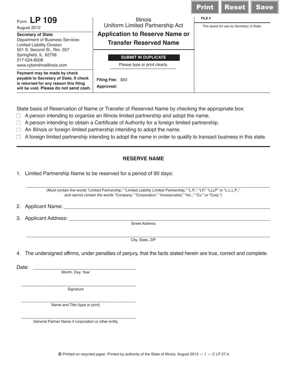 Form LP109 Application to Reserve Name or Transfer Reserved Name - Illinois, Page 1
