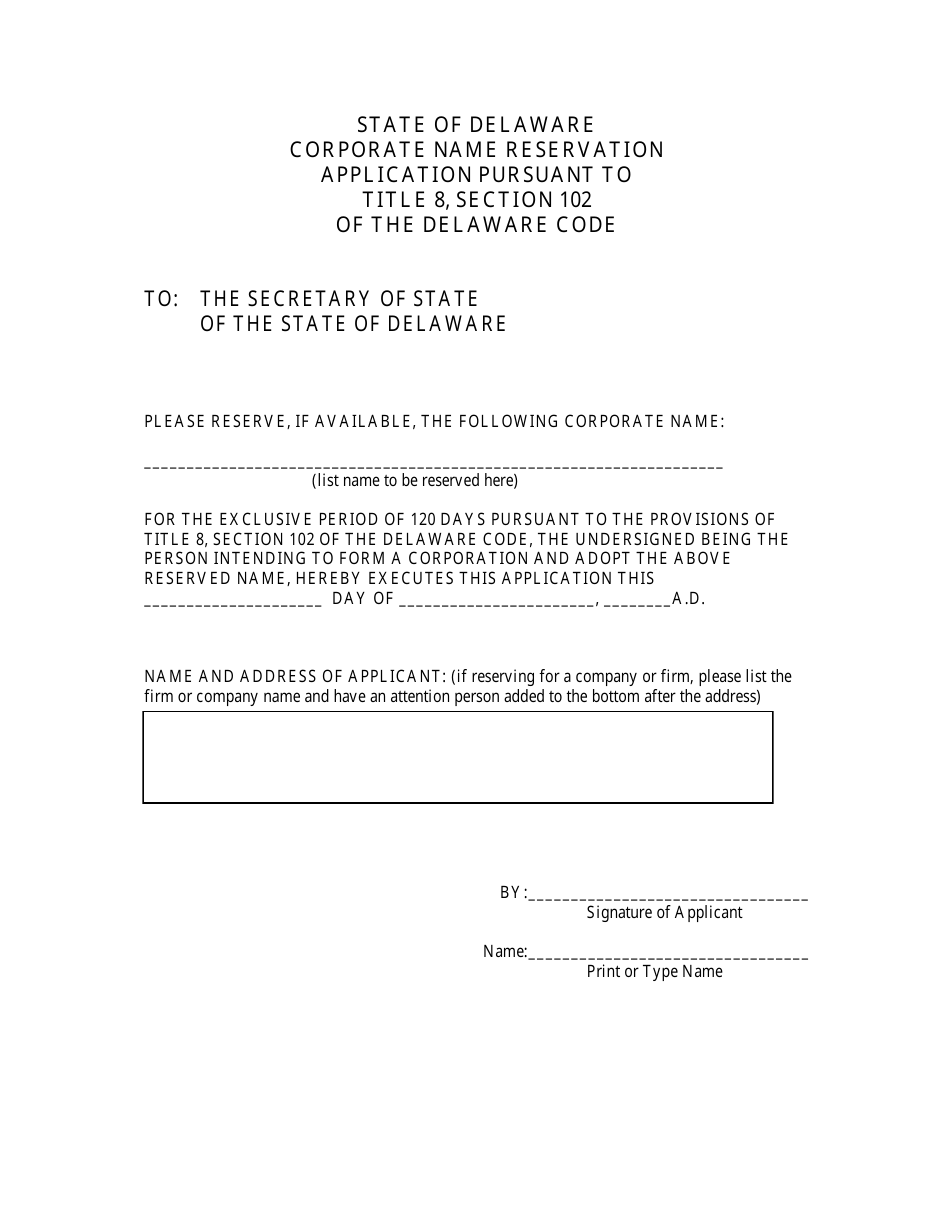 Reservation of a Corporate Name Application Form - Delaware, Page 2
