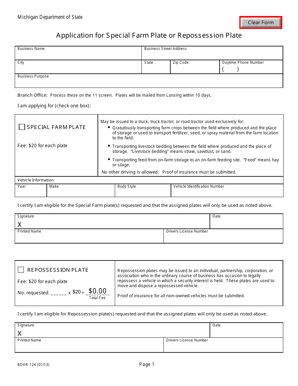 Form BDVR-124 Application for Special Farm Plate or Repossession Plate - Michigan, Page 1