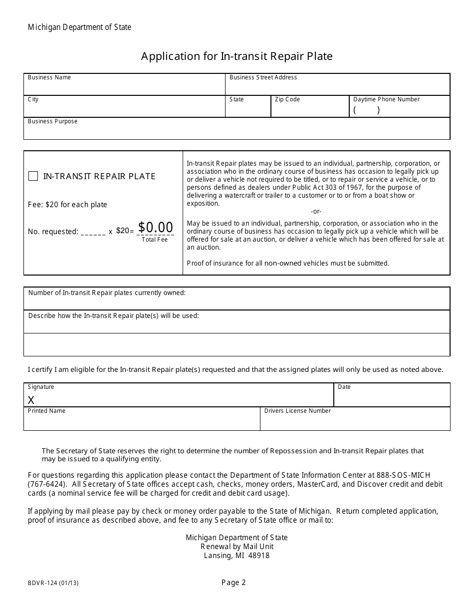 Form BDVR-124 Application for Special Farm Plate or Repossession Plate - Michigan, Page 2