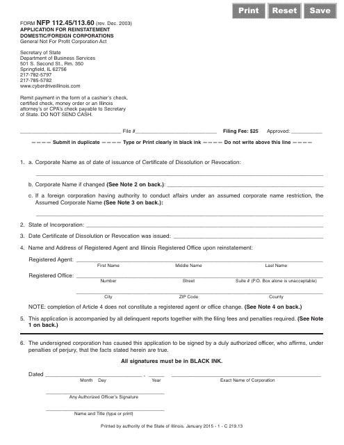 Form NFP-112.45/113.60 Application for Reinstatement Domestic/Foreign Corporations - Illinois