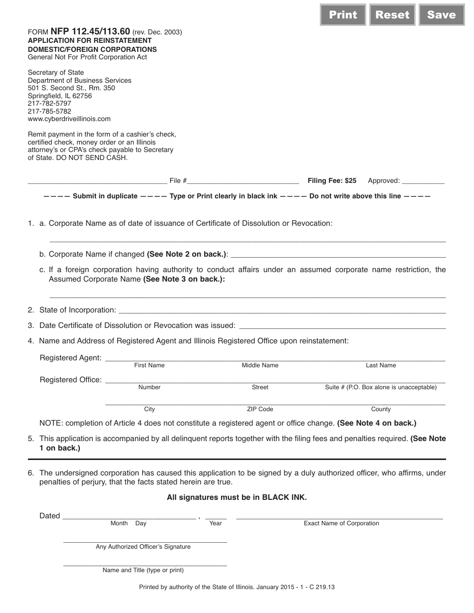 Form NFP-112.45 / 113.60 Application for Reinstatement Domestic / Foreign Corporations - Illinois, Page 1