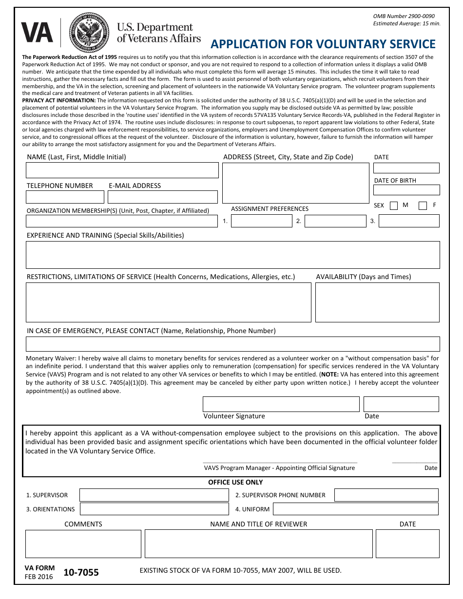 VA Form 10-7055 Application for Voluntary Service, Page 1