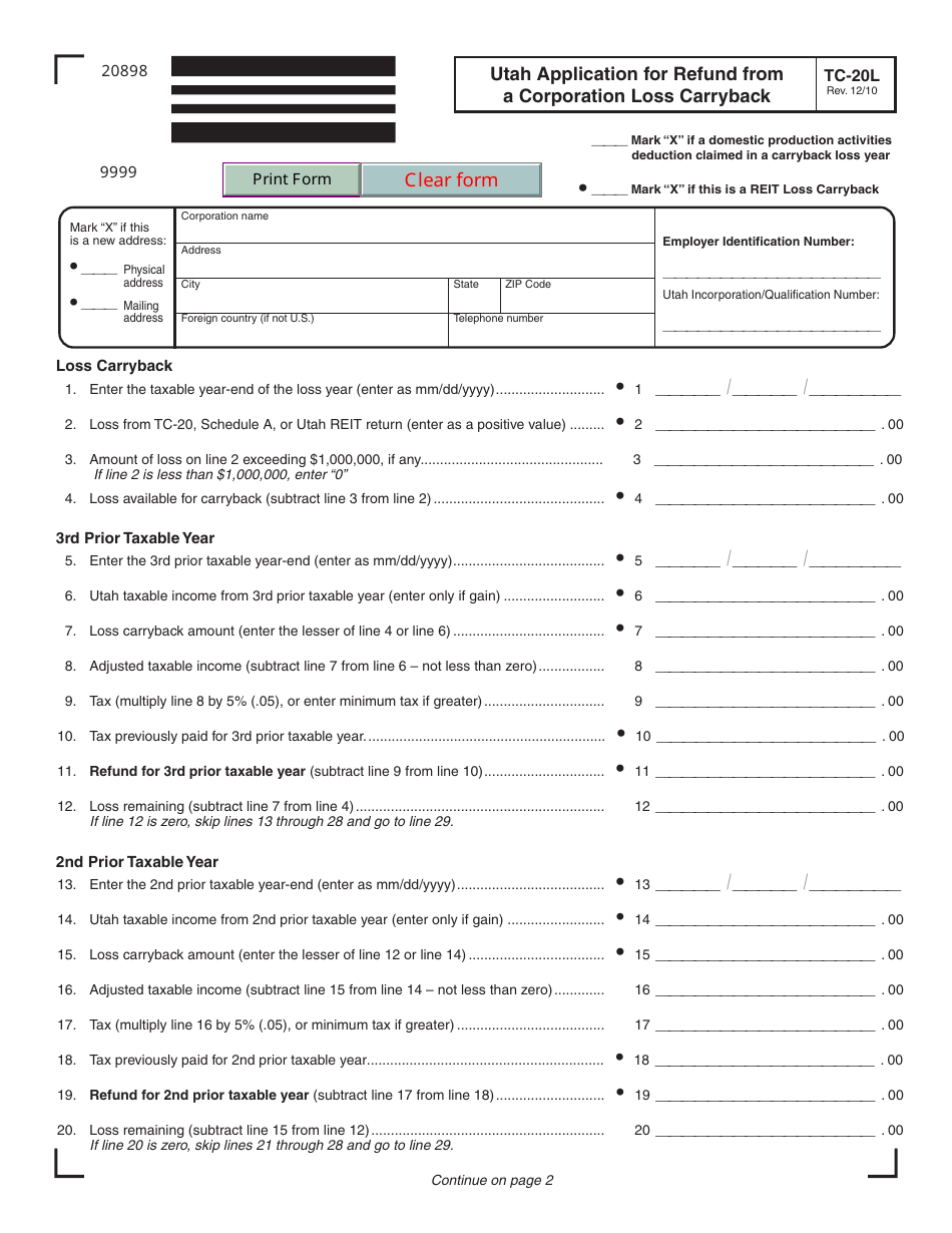 Form TC-20L Utah Application for Refund From a Corporation Loss Carryback - Utah, Page 1