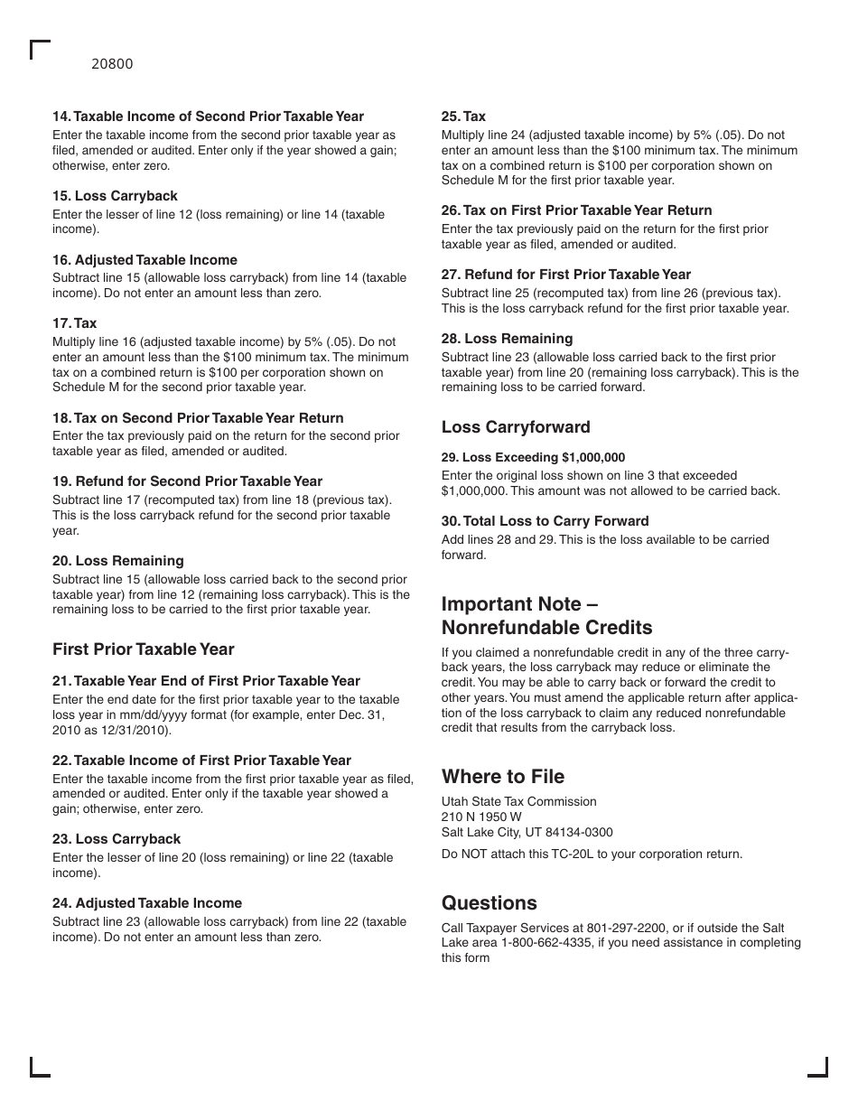 Form TC-20L Utah Application for Refund From a Corporation Loss Carryback - Utah, Page 4