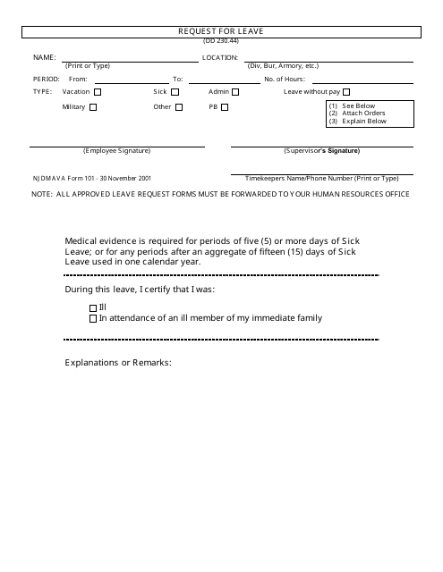 NJDMAVA Form 101 Request for Leave - New Jersey
