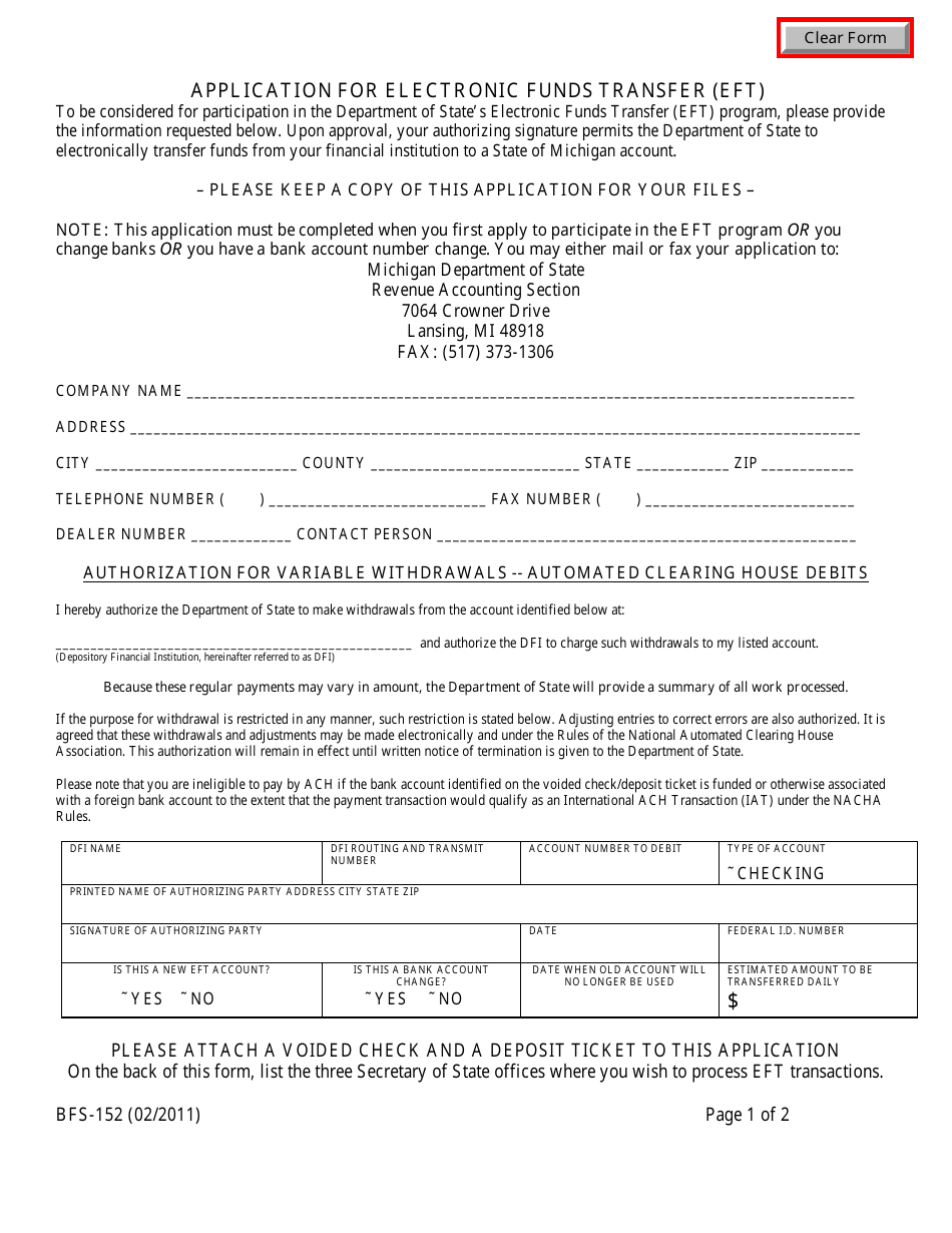 Form BFS-152 Application for Electronic Funds Transfer (Eft) - Michigan, Page 1