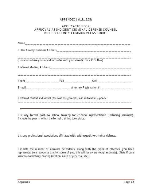 Appendix J Application for Approval as Indigent Criminal Defense Counsel - Butler County, Ohio