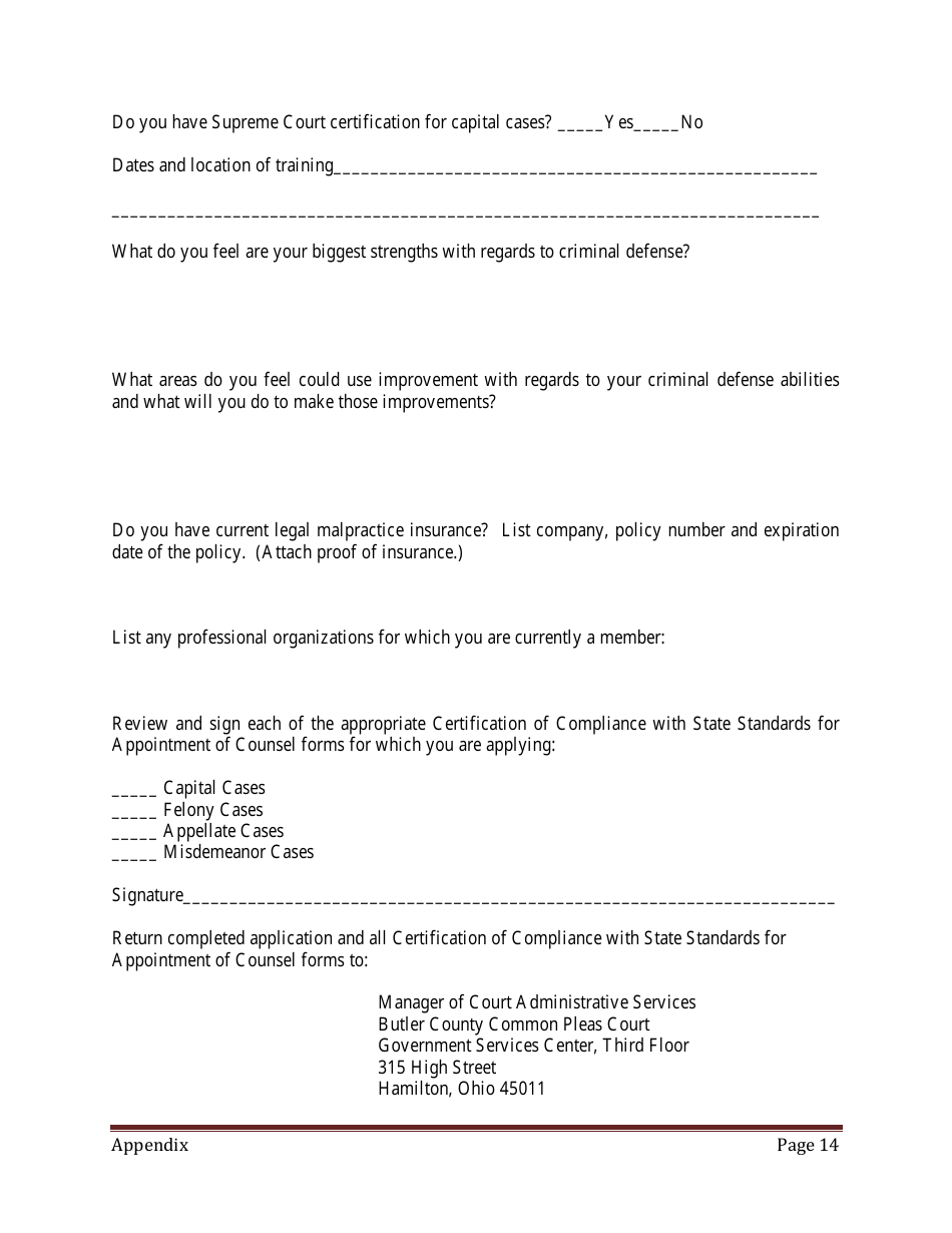 Appendix J Application for Approval as Indigent Criminal Defense Counsel - Butler County, Ohio, Page 2