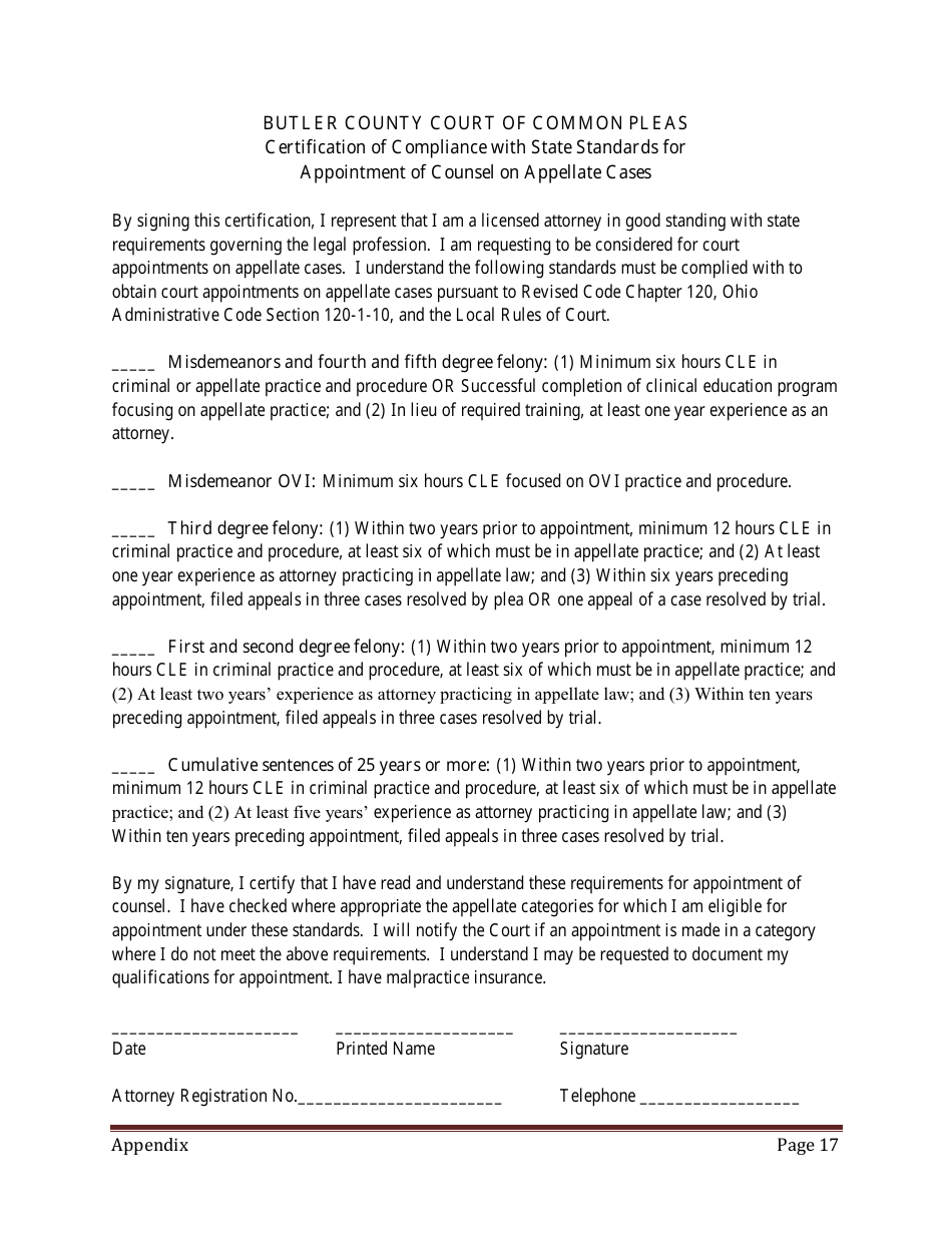 Appendix J Application for Approval as Indigent Criminal Defense Counsel - Butler County, Ohio, Page 5