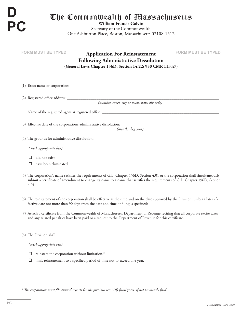 Application for Reinstatement Following Administrative Dissolution - Massachusetts, Page 1