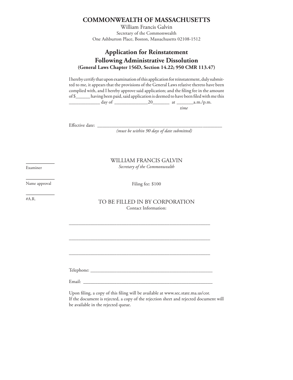 Application for Reinstatement Following Administrative Dissolution - Massachusetts, Page 3