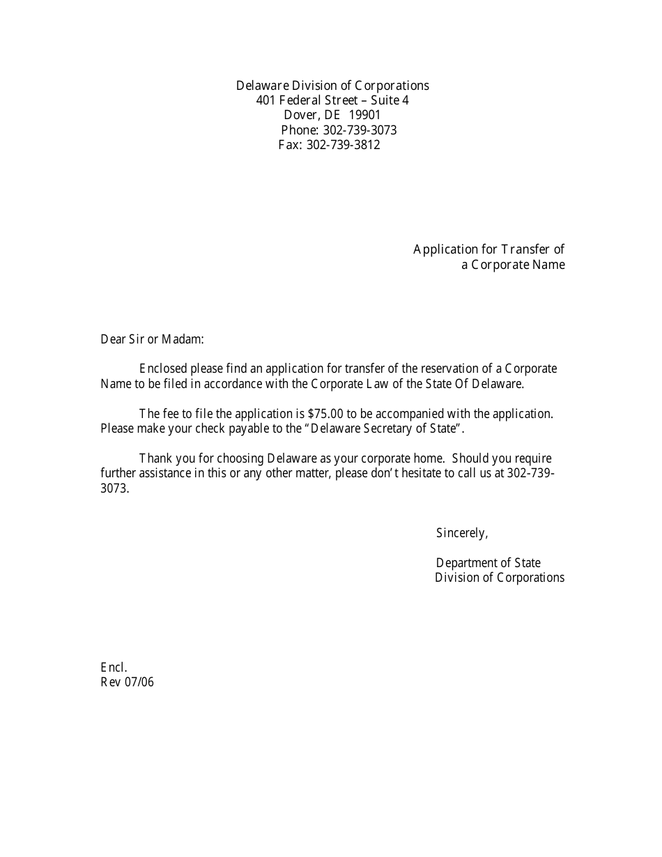 Application Form for Transfer of a Corporate Name - Delaware, Page 1
