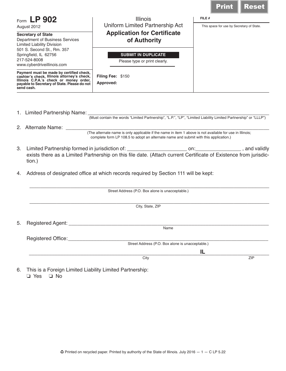 Form LP902 Application for Certificate of Authority - Illinois, Page 1