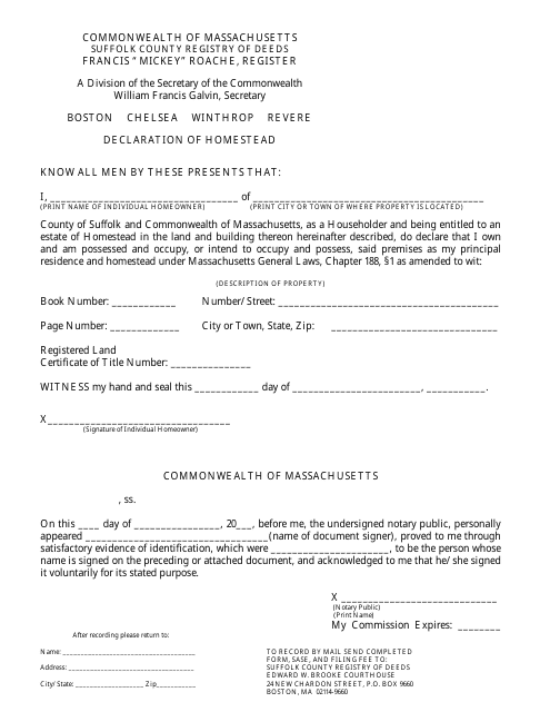 Declaration of Homestead Form - SUFFOLK COUNTY, Massachusetts Download Pdf