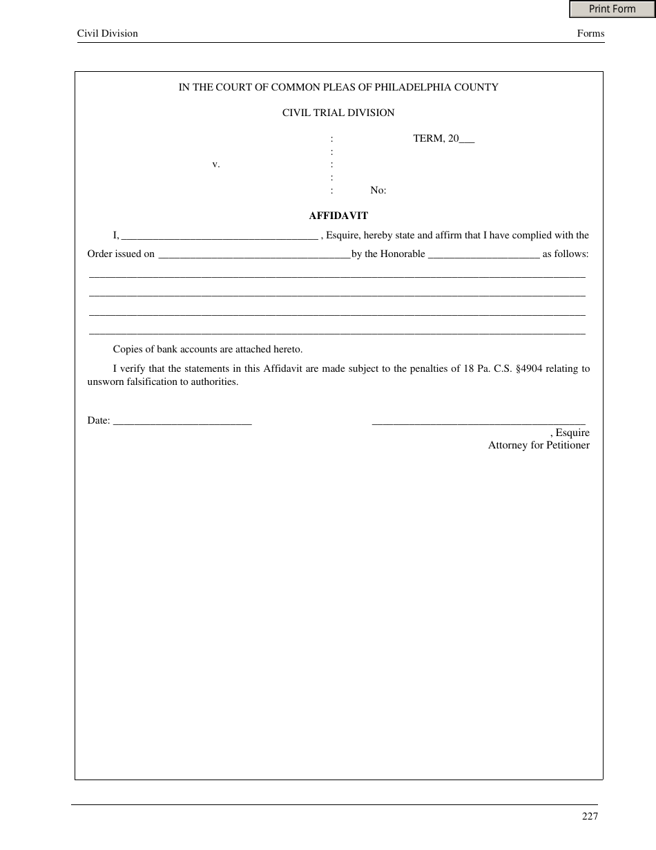Affidavit Form - Philadelphia County, Pennsylvania, Page 1
