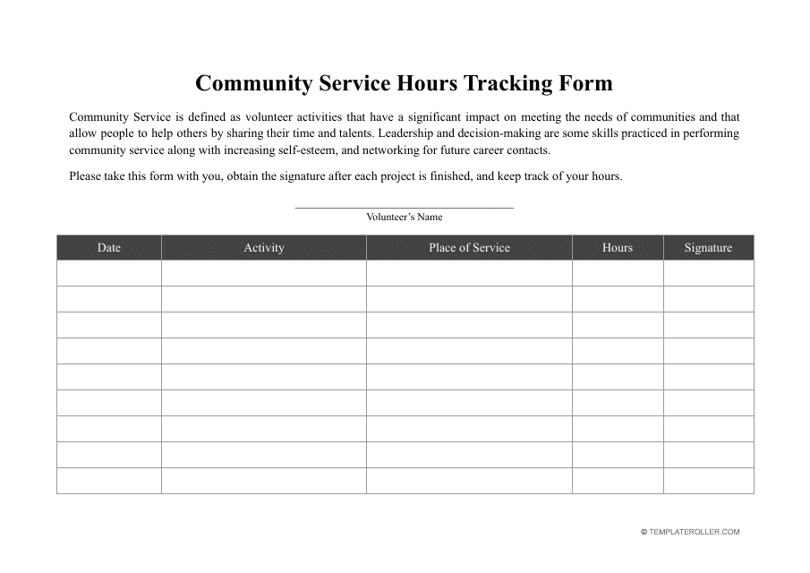 Community Service Hours Tracking Form Download Pdf