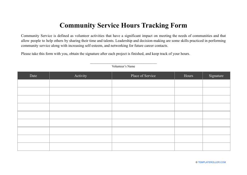 Community Service Hours Tracking Form, Page 1