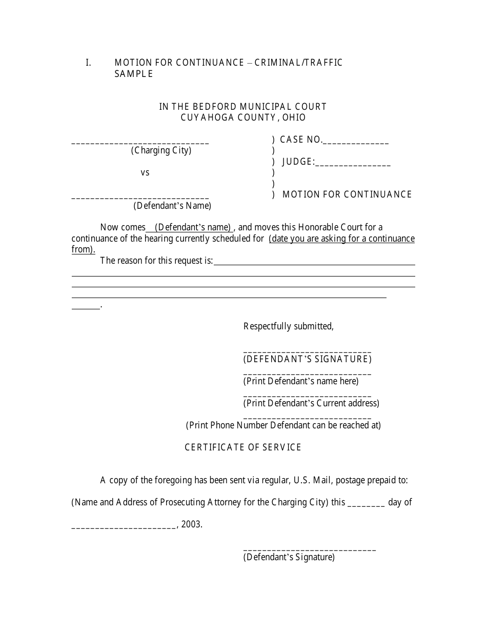 Sample Motion for Continuance - Criminal / Traffic - Bedford Municipal Court - Cuyahoga County, Ohio, Page 1