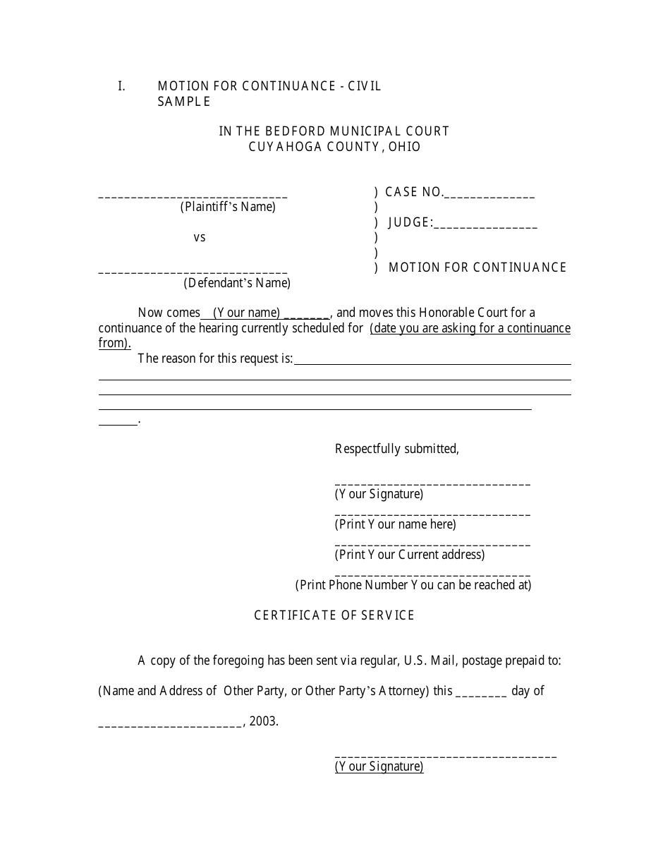 Sample Motion for Continuance - Civil - CUYAHOGA COUNTY, Ohio, Page 1