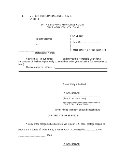 Sample Motion for Continuance - Civil - CUYAHOGA COUNTY, Ohio Download Pdf
