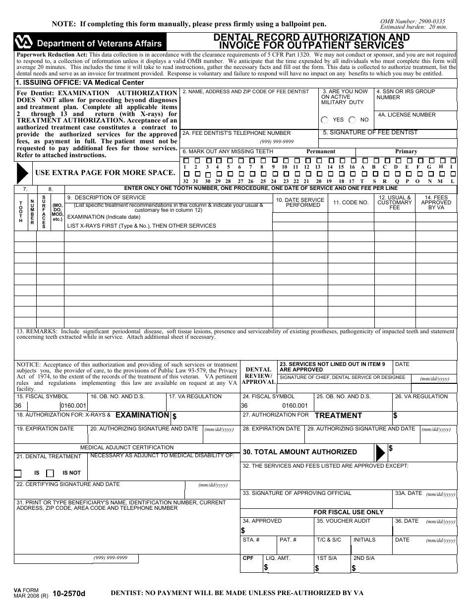 VA Form 10-2570d Dental Record Authorization and Invoice for Outpatient Services, Page 3
