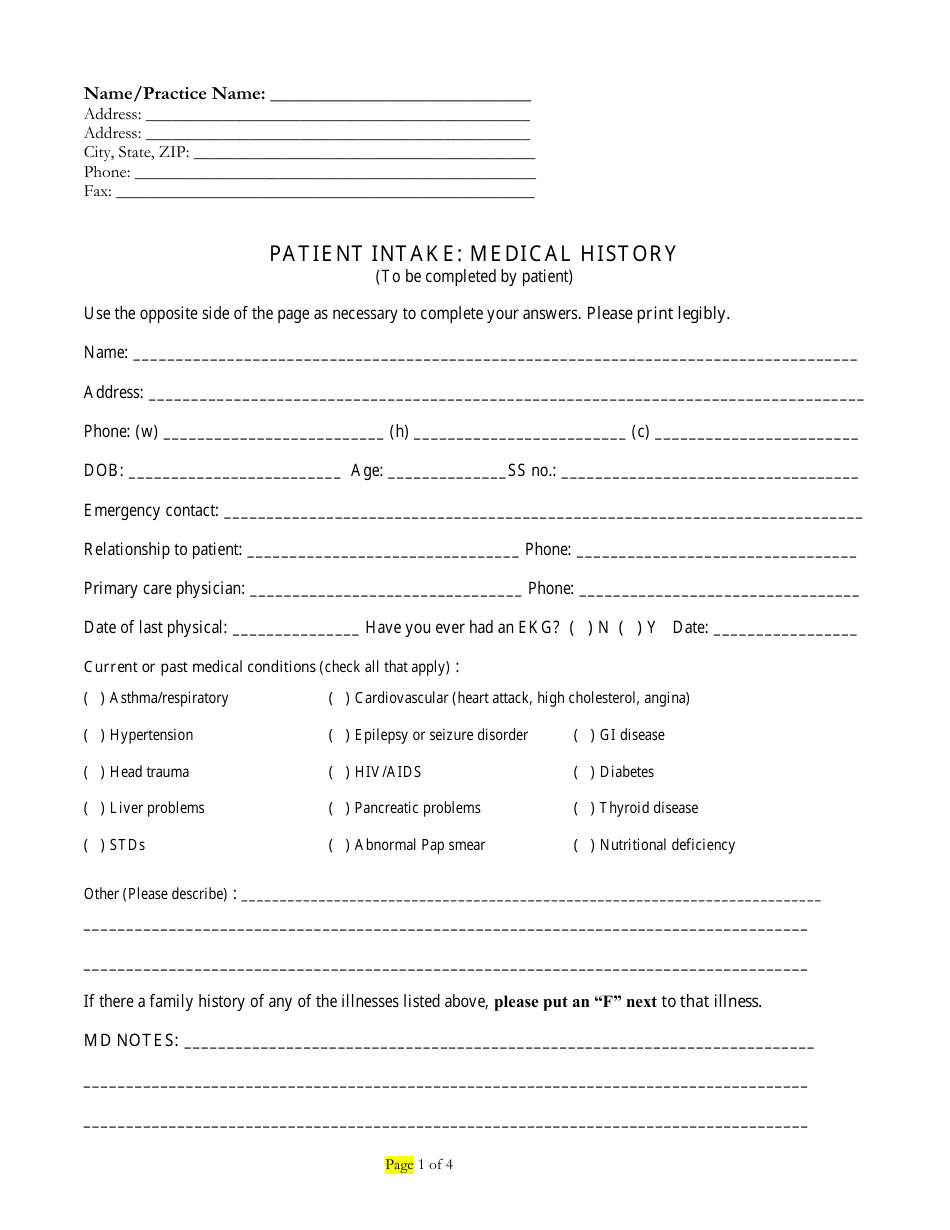 Patient Intake: Medical History Form, Page 1