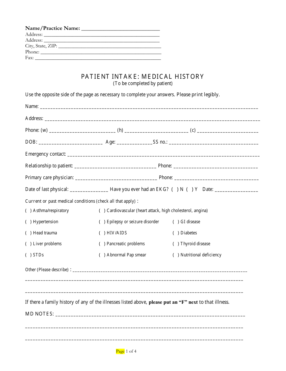 Patient Intake Medical History Form Fill Out Sign Online And Download PDF Templateroller