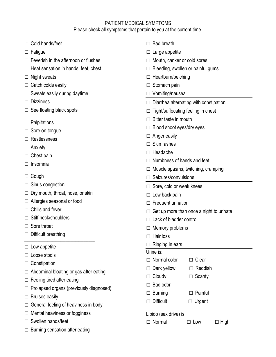 Patient Medical Symptoms Checklist Template Download Printable PDF Templateroller