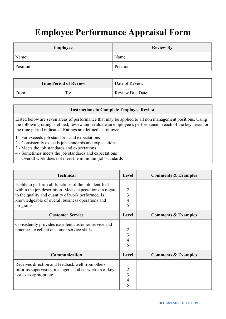 Employee Performance Appraisal Form - Levels, Page 1