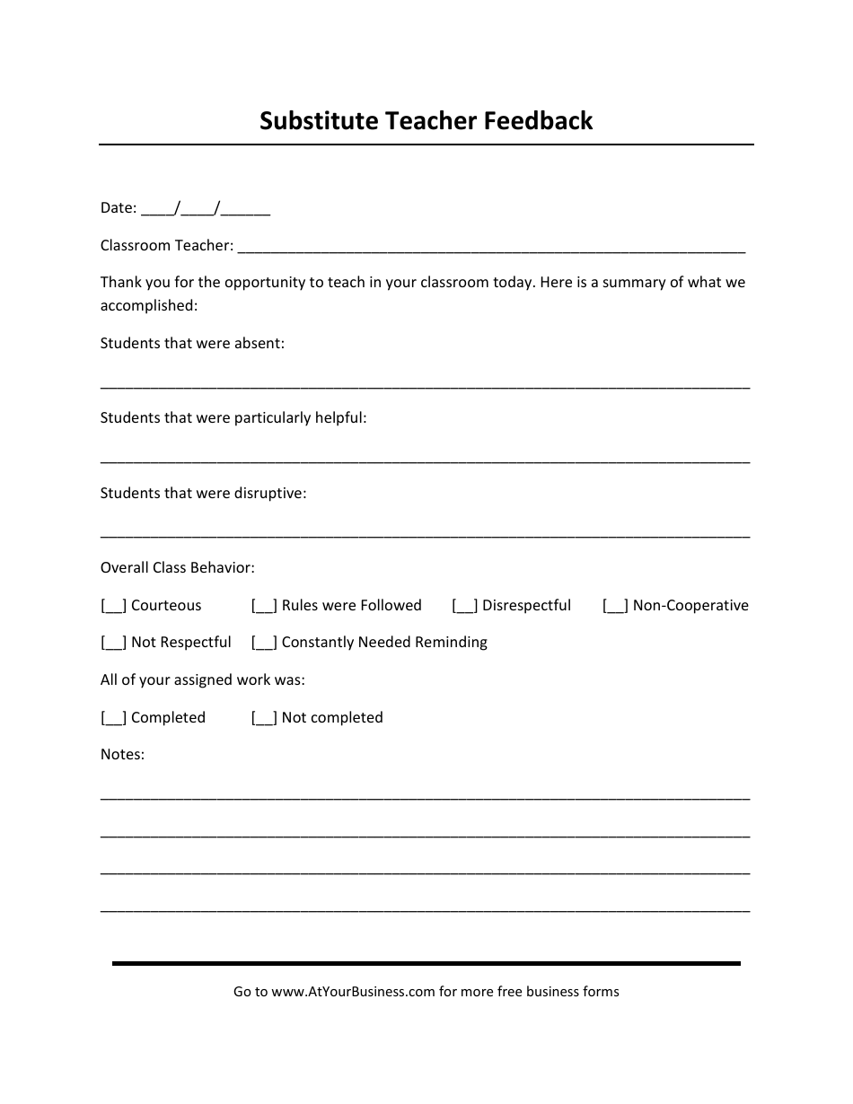 Substitute Teacher Feedback Form - Without Border, Page 1