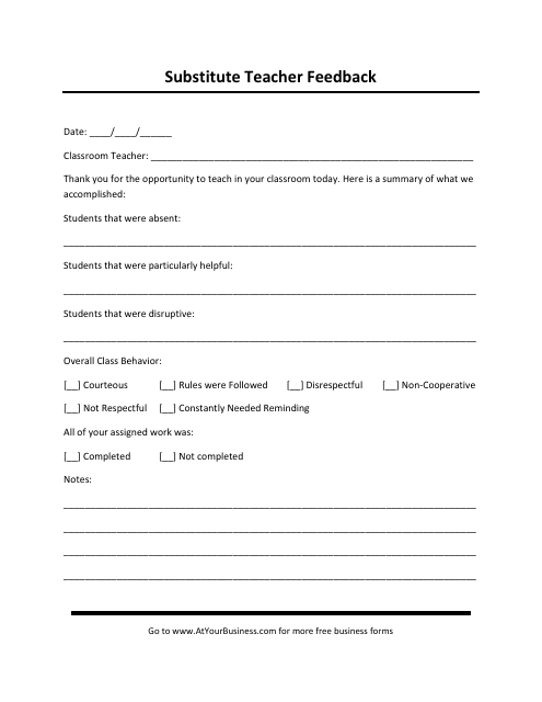 Substitute Teacher Feedback Form - Without Border