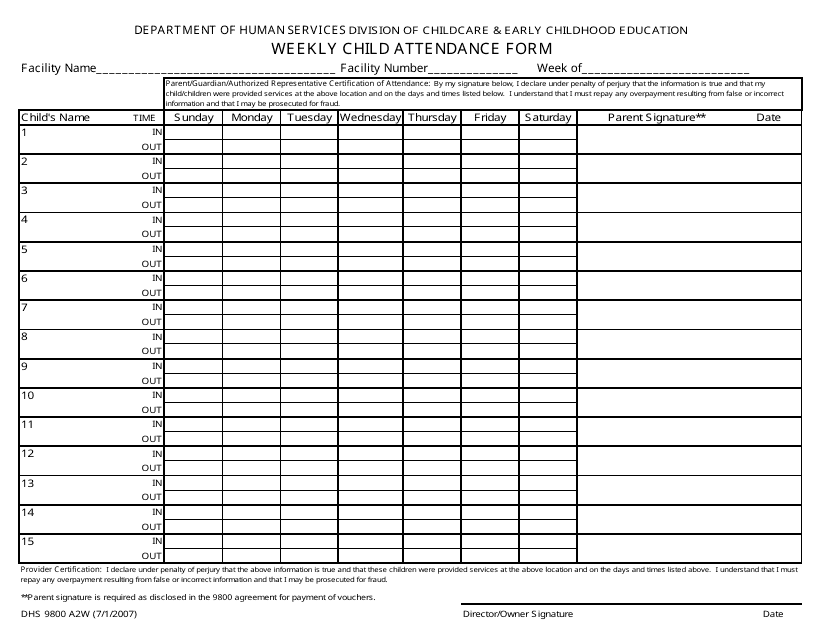 Form DHS9800 A2W Weekly Child Attendance Form - Arkansas