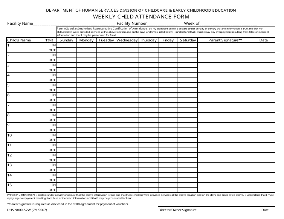 Form DHS9800 A2W Weekly Child Attendance Form - Arkansas, Page 1
