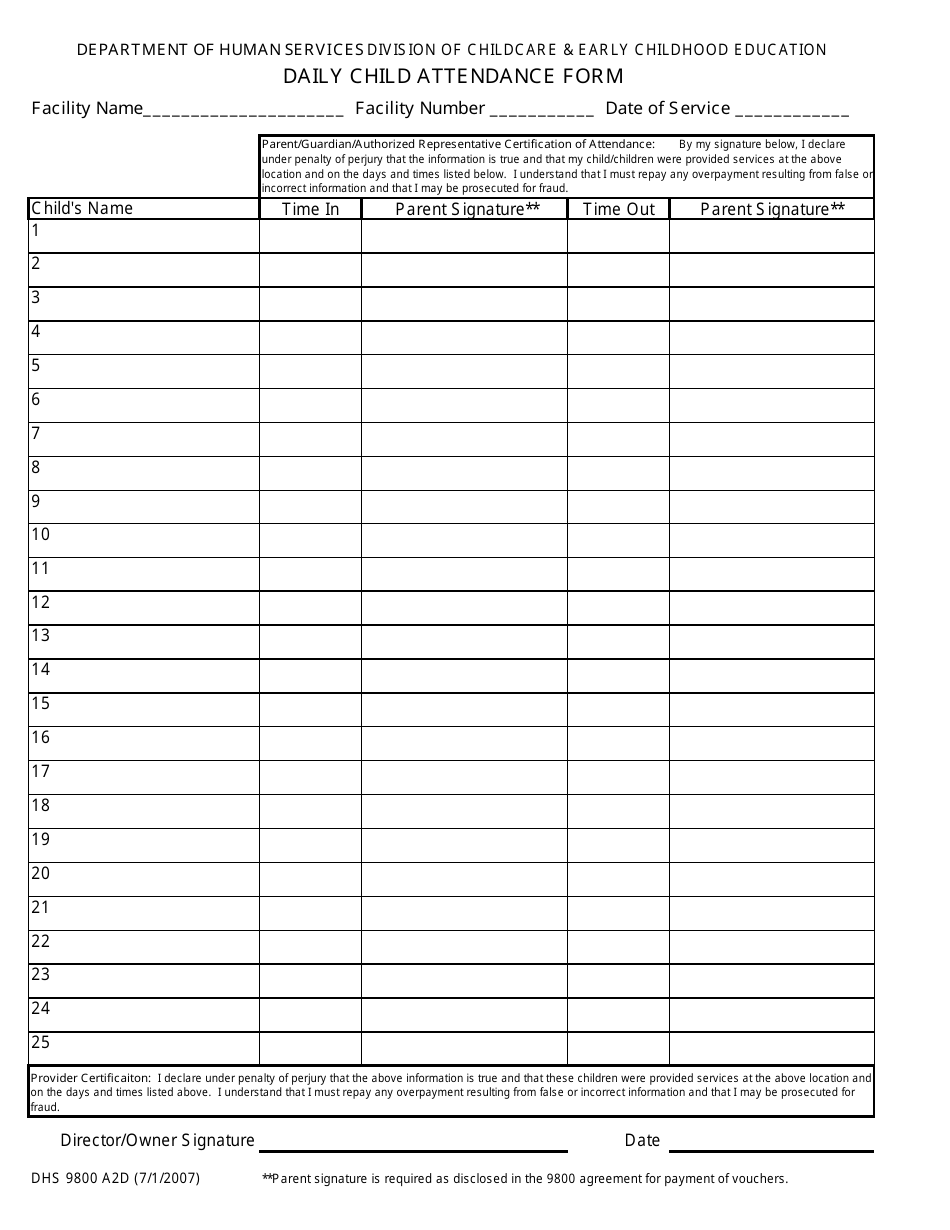 Form DHS9800 A2D Daily Child Attendance Form - Arkansas, Page 1